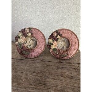 Vintage Ganz Pink Floral Ceramic Circle Photo Frames Set of 2